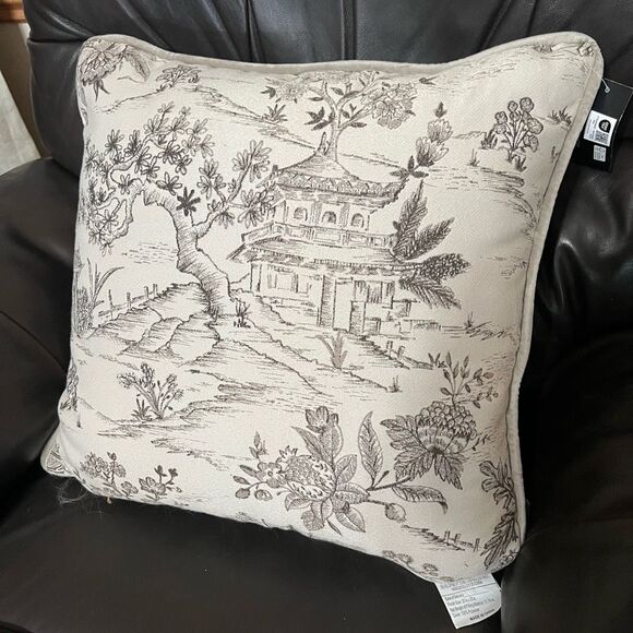 NWT TAHARI HOME Pillow Toile Gray Silver White 18” Square Canvas Velvet Soft - Picture 1 of 10
